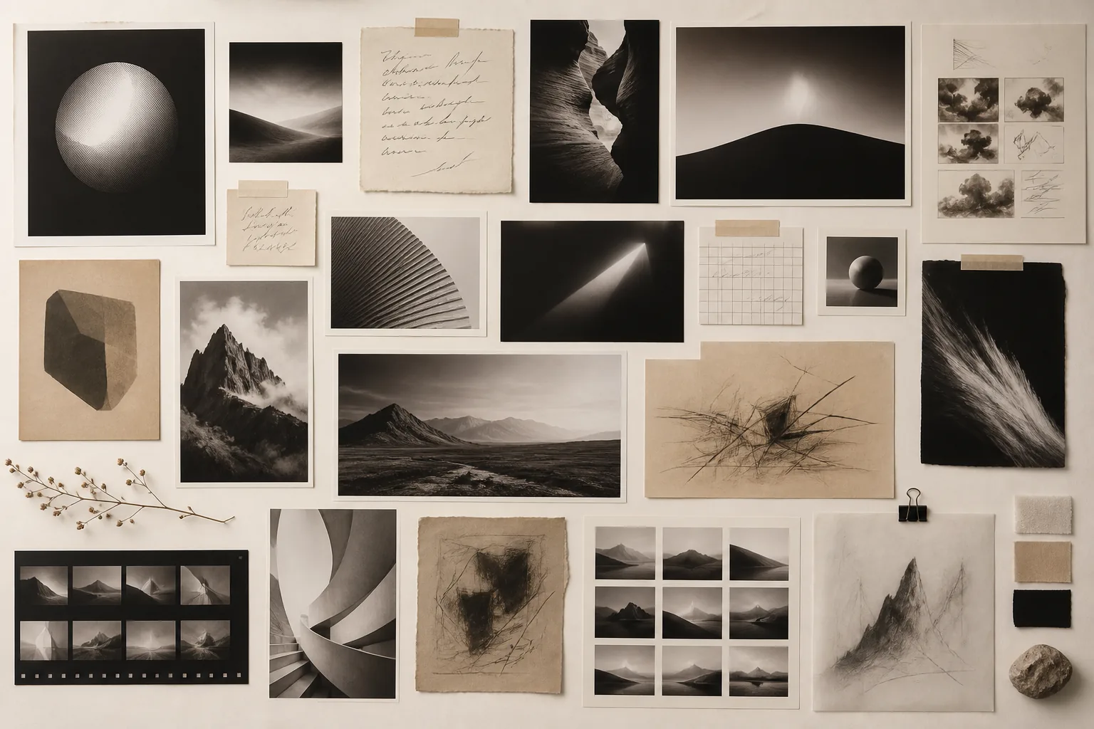 Planche-contact éditoriale d’images, de notes et d’expérimentations visuelles