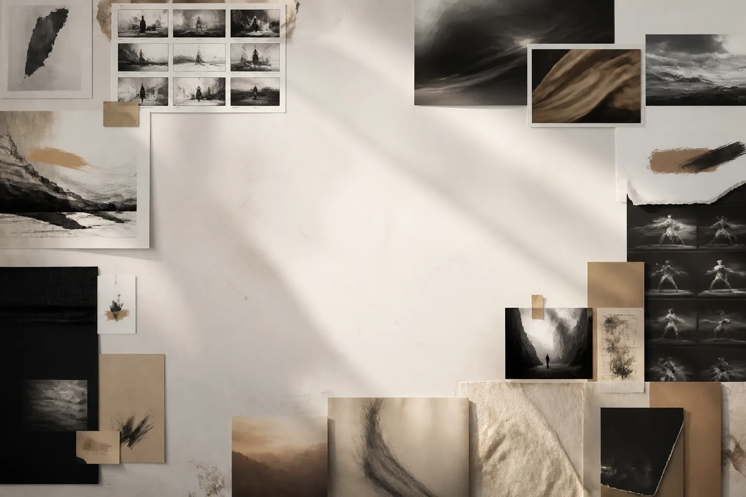 Collage éditorial chaleureux d’un espace de travail créatif avec de la lumière, du papier et des formes en mouvement