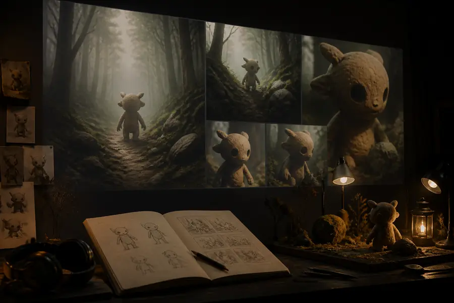 AI-generated cinematic learning scene displayed in a creative workspace